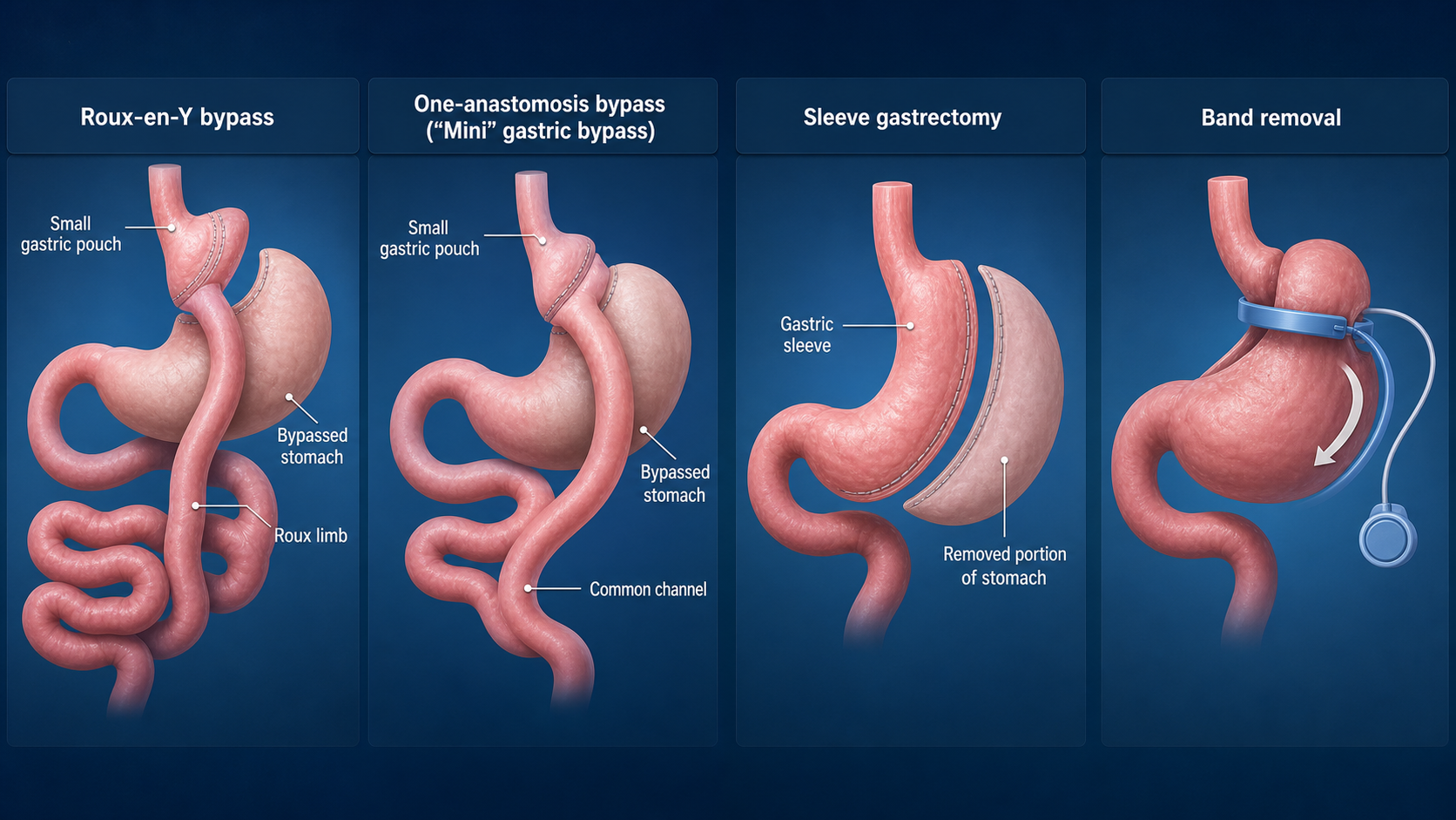 Illustration of common bariatric surgery options including bypass, sleeve and band-related pathways